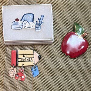 Teacher Appreciation Gifts 3 Signed Pins Boxes Included Pencil Apple Cat ABC